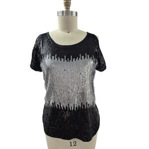 VTG INC international concepts Sequin front Cold Shoulder Top Black/Silver M